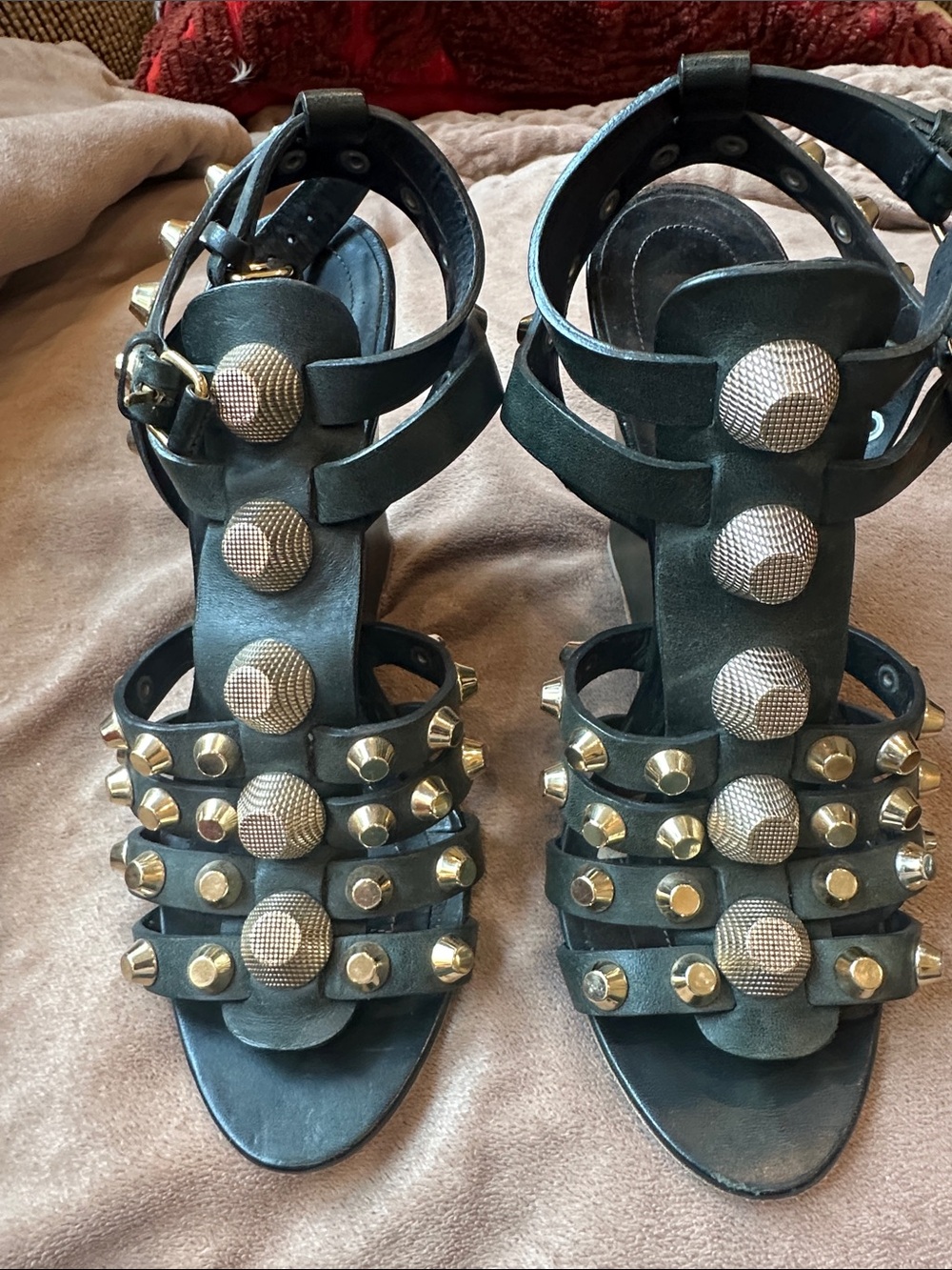 Balenciaga Olive Green Studded Wedge Sandals - Picture 4 of 12